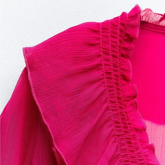 ZARA SEMI-SHEER BLOUSE WITH RUFFLES - Picture 4 of 5